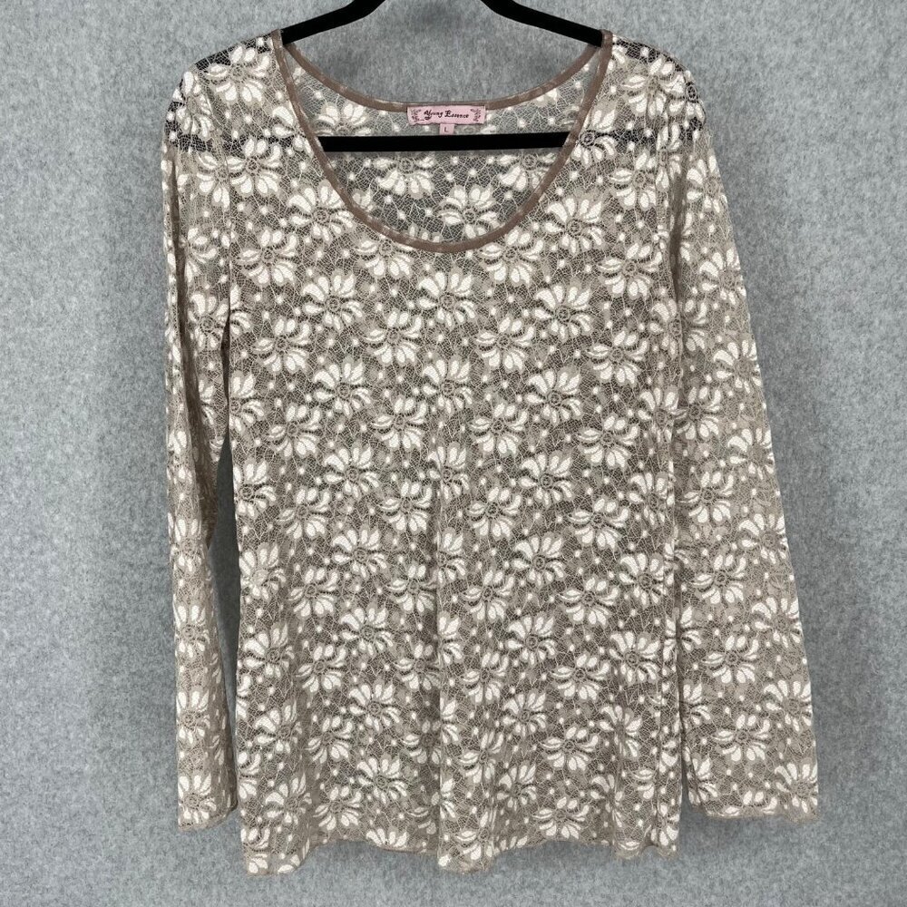 Young Essence Y2K Sheer Floral Lace Top Size L Tan Cream Long Sleeve Neutral